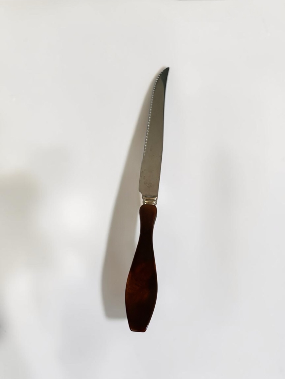 Vintage Amber Bakelite Handle Serrated Knife Stainless Steel Retro Cutlery